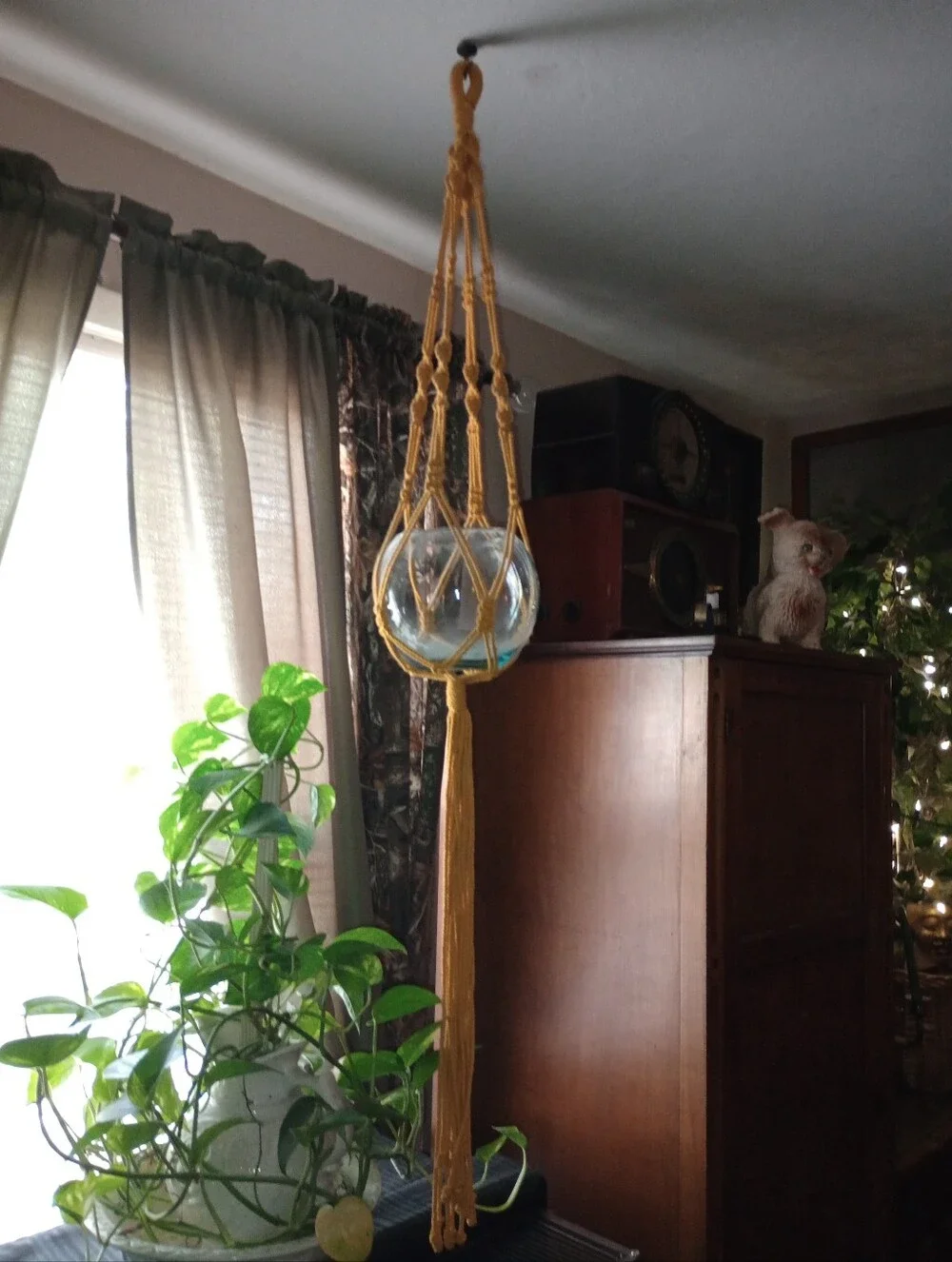 Mustard Yellow Macramé Hanging Planter - Handmade With Clear Glass Bowl